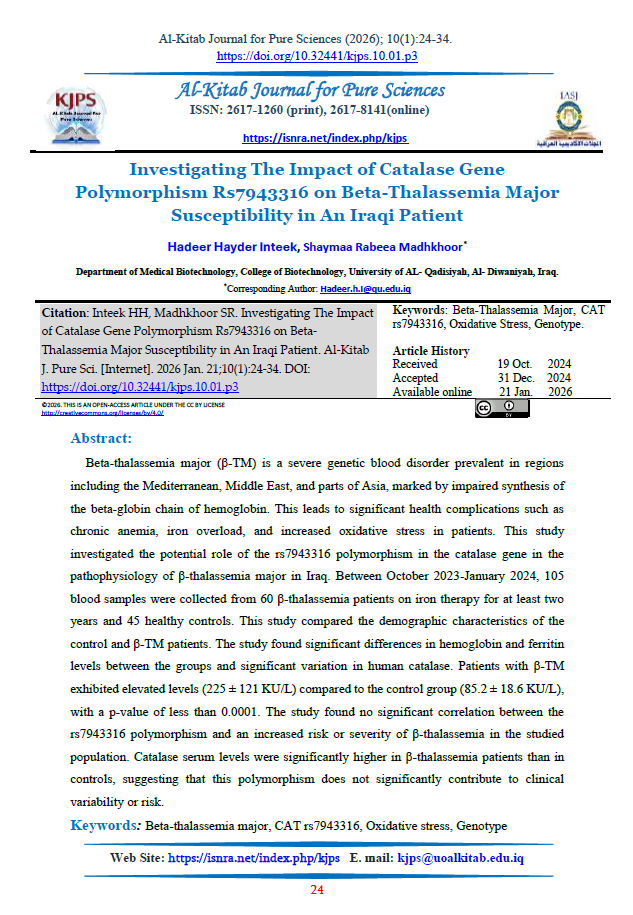 Investigating The Impact of Catalase Gene Polymorphism Rs7943316 on Beta-Thalassemia Major Susceptibility in An Iraqi Patient