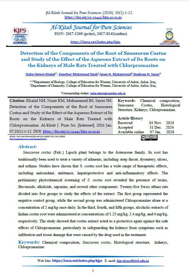 Detection of the Components of the Root of Saussurea Costus and Study of the Effect of the Aqueous Extract of Its Roots on the Kidneys of Male Rats Treated with Chlorpromazine
