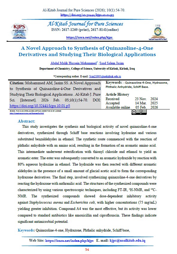 A Novel Approach to Synthesis of Quinazoline-4-One Derivatives and Studying Their Biological Applications 
